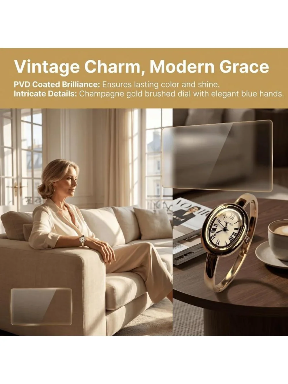Women's Gold/Cream Elegant Open-Cuff Bracelet Roman Numeral Dial Wrist Watches